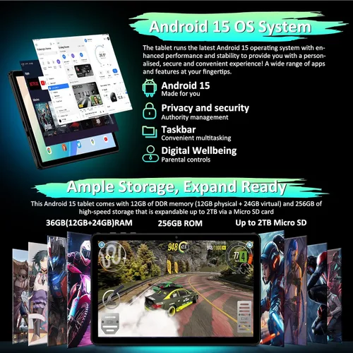 Miniatura 3 de POWMUS Tablet Android, tableta Android 15 de 11 pulgadas, tabletas con pantalla FHD 2K, 36 GB de RAM (12+24) y 256 GB de ROM, expansión de 1 TB
