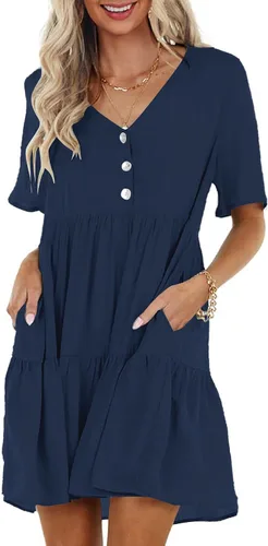 LYANER Vestido tipo túnica con cuello en V para mujer, manga corta, con botones frontales, casual, holgado, de verano, mini vestido con vuelo