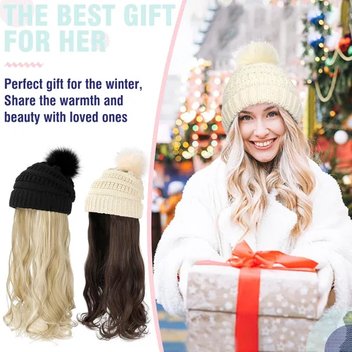 Miniatura 7 de Gorro Peluca Gorro de Lana con Cabello Extensiones Largas Onduladas Gorro de Punto con Pompón Adjunto de 20" Pieza de Cabello Sintética Removible