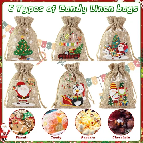 Miniatura 5 de JUNEBRUSHS Bolsas de arpillera de Navidad con cordón, paquete de 20 bolsas de regalo de Navidad, bolsas de golosinas, lindas bolsas de regalo