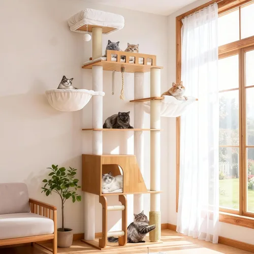 Miniatura 12 de Hey-brother Árbol de madera para gatos, torre de muebles para gatos de 69.7 pulgadas con plataformas grandes, hamacas, condominio espacioso, postes