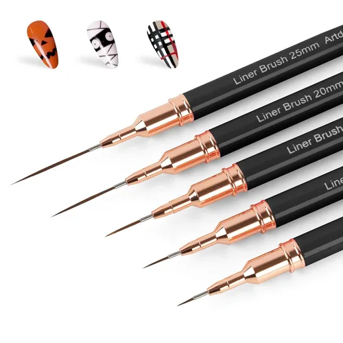 Artdone Bolígrafos metálicos para arte de uñas, juego de 5 brochas de color negro para líneas largas, detalles finos, dibujo fino, pincel de