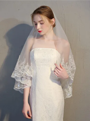Miniatura 2 de JWICOS Elegante velo de novia de encaje para novias de 2 niveles, velo de novia de cristal con peine para despedida de soltera, boda, despedida