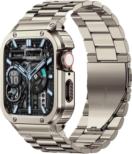 Miniatura 8 de MioHHR Correa y funda de acero inoxidable compatible con Apple Watch Band de 1.614 in, 1.575 in y 1.496 in, cubierta protectora de metal para Negro
