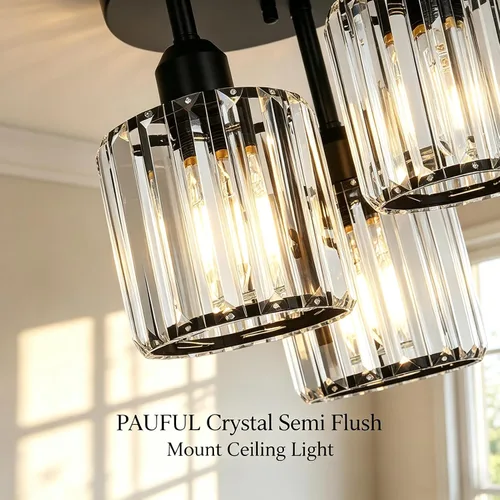 Miniatura 7 de PAUFUL Lámpara de Techo Semiempotrada de Cristal, Lámparas de Techo Modernas de 3 Luces Cerca del Techo, Lámparas de Cocina Negras con Pantalla