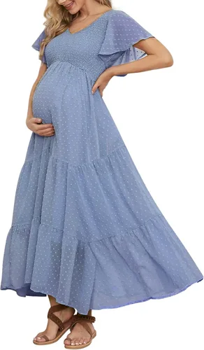 Vestido de maternidad fruncido de lunares suizos para baby shower, sesión de fotos, casual, cuello en V, manga con volantes, cintura imperio,