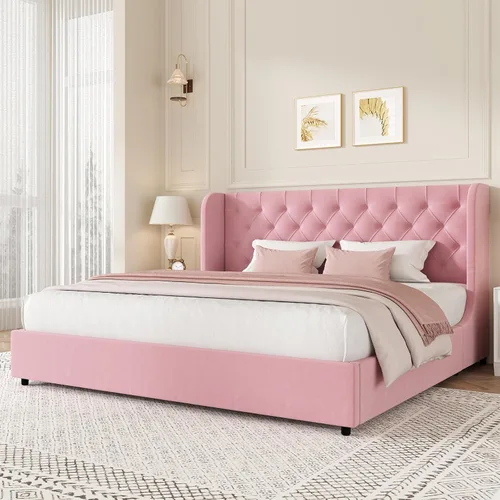 Miniatura 12 de HOMBCK - Marco de cama tamaño completo, base de cama tapizada en plataforma gris con cabecero, terciopelo acolchado, diseño de ala curvada, listones
