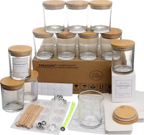 Miniatura 20 de MILIVIXAY Paquete de 12 unidades de tarros de vela de 7 onzas de vidrio transparente con tapas y kits para hacer velas - Tarros de vela vacíos a