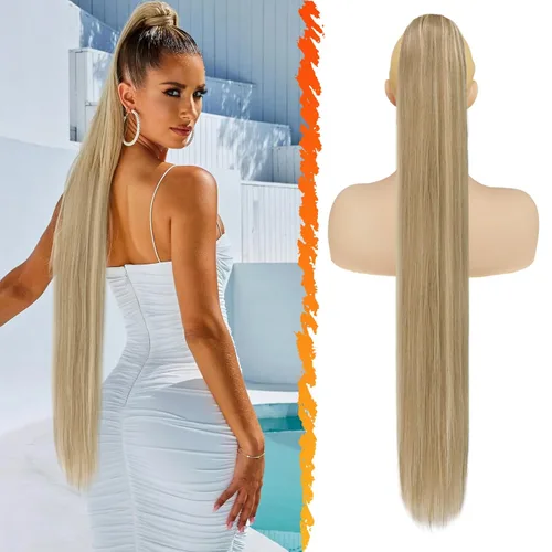 Miniatura 35 de BARSDAR Extensión de cola de caballo corta y recta - Extensiones de pelo con cordón de 16 pulgadas, rubio para mujeres - Extensiones de pelo Rubio