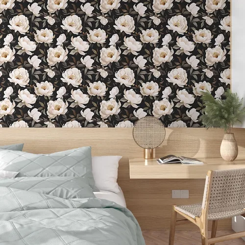 Miniatura 2 de Papel tapiz floral para despegar y pegar, papel de contacto negro/beige, flores de peonía grandes de 17.5 x 118 pulgadas, papel mural vintage