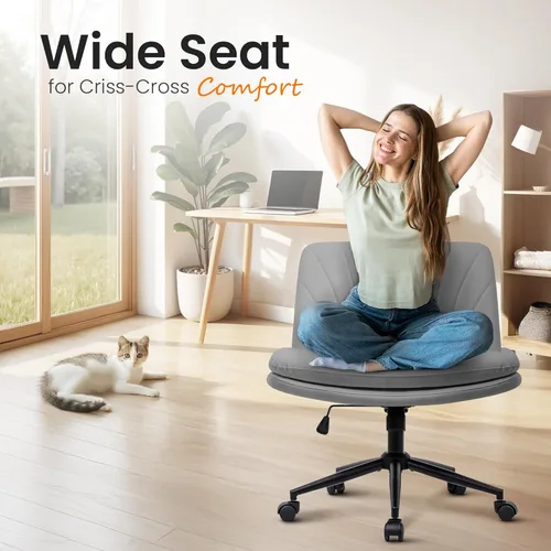 Miniatura 3 de NEO Chair Silla Criss Cross con Ruedas Sin Brazos con Patas Cruzadas Silla de Escritorio de Oficina Ancha Cómoda de Tocador Maquillaje Silla Gris PU