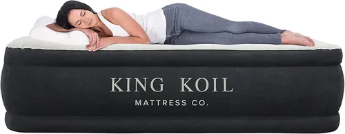 King Koil Colchón de aire inflable con superficie de almohada suave tamaño completo con bomba incorporada de alta velocidad para el hogar, Negro