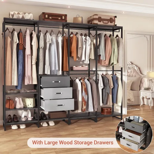 Miniatura 4 de Aheaplus Organizador de Closet de Madera para Colgar Ropa, Perchero de Ropa Resistente, Sistema de Closet en Esquina en Forma de L Grande con 3