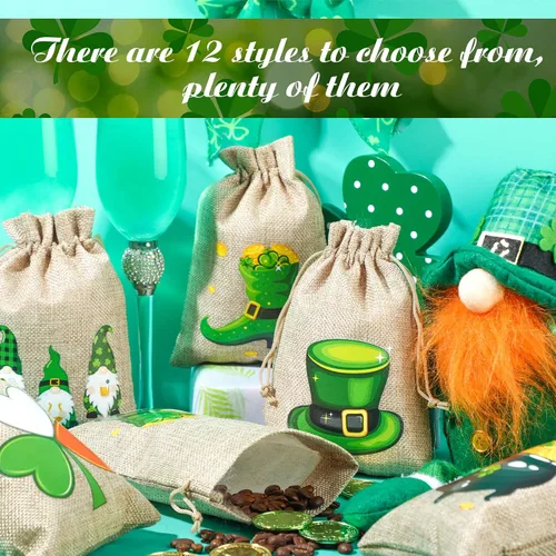 Miniatura 5 de Shappy Juego de 24 bolsas de regalo del día de San Patricio con cordón de arpillera de trébol verde para fiesta, bolsas de dulces, trébol irlandés