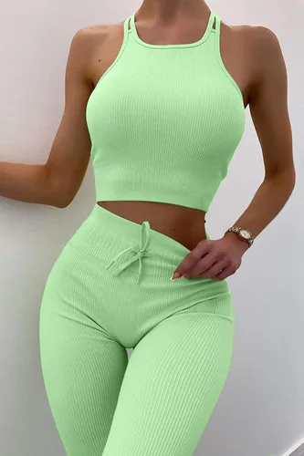 Miniatura 5 de QINSEN Conjuntos de entrenamiento sin costuras para mujer conjuntos de leggings de yoga de cintura alta acanalados de 2 piezas