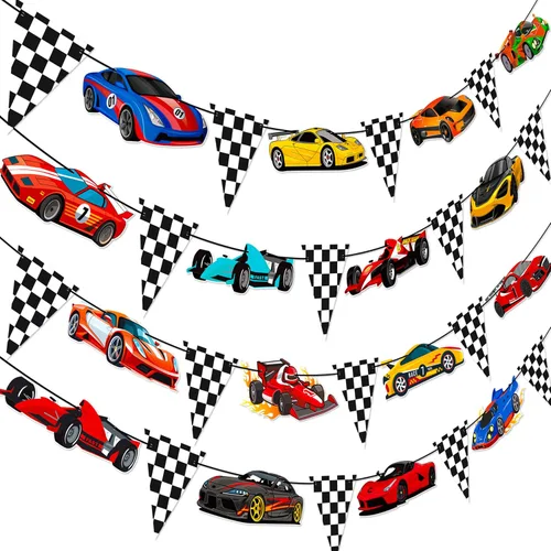 Miniatura 2 de 4 pancartas de fiesta de coches de carreras, decoración de fiesta de coche de carreras, banderines en blanco y negro de carreras de coches