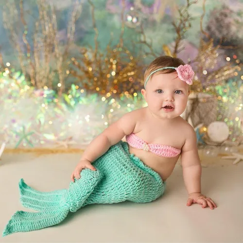 Miniatura 6 de M&G House Fotografía de recién nacido, traje de accesorios para bebé, disfraz de foto, juego de sirena de ganchillo hecho a mano para niñas, diadema