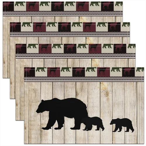 Miniatura 28 de Lodge - Juego de 4 manteles individuales de cabina con diseño de silueta de pino y oso gris, tapetes de cocina para mesa de comedor, animales