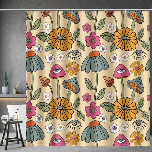 Miniatura 6 de Aimego Cortina de Ducha Pequeña para Cabina - Lindo Hongo Retro Boho Floral de los Años 70 Planta Funky Groovy Flores Hippie Estrecha Media Tela