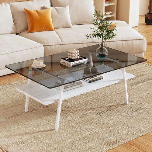 Miniatura 13 de IANIYA - Mesa de centro moderna de cristal, mesa de centro pequeña de mediados de siglo, mesa de centro para sala de estar con estantes de madera