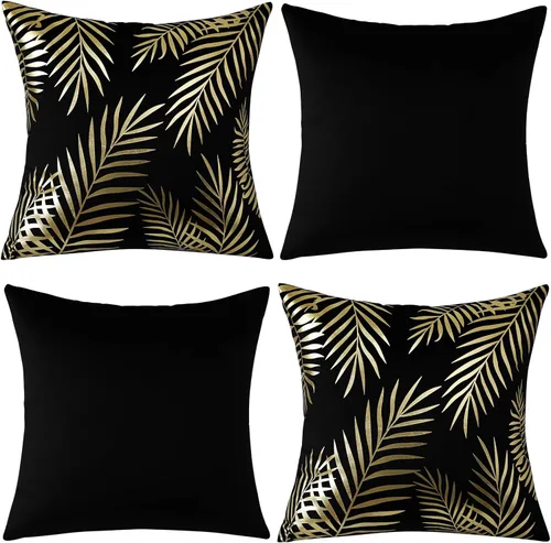 Miniatura 8 de OTOSTAR Paquete de 4 fundas de almohada de terciopelo suave con hojas doradas, fundas de almohada decorativas modernas, fundas de almohada B-black