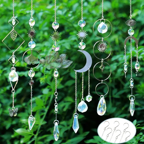 Atrapasueños, 6 Piezas de Coloridos Atrapasoles Decorativos Colgantes de Cristal Claro Prisma Arcoíris con Formas de Luna Plateada y Sol de Metal,