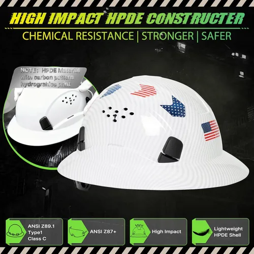 Miniatura 2 de Casco duro de ala completa con patrón de fibra de carbono con visera, casco de seguridad de construcción aprobado por la OSHA para hombres y Fibra