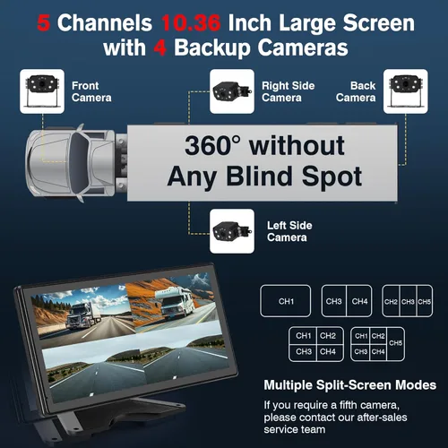 Miniatura 6 de Sistema de cámara de respaldo con 4 cables para camión RV, monitor de pantalla táctil de 10.36 pulgadas con 4 cámaras 1080P, alerta BSD inteligente