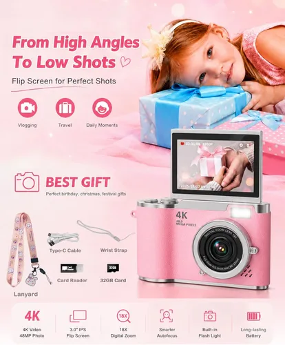 Miniatura 7 de Cámara digital para niños, cámara digital 4K para fotografía, cámara selfie de video HD 1080P de 48MP, con pantalla giratoria de 180° y flash