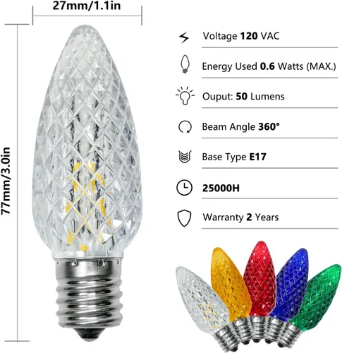 Miniatura 3 de Paquete de 25 bombillas LED C9 de repuesto para Navidad, bombillas LED C9 inastillables para cadena de luces de Navidad, base de candelabro E17