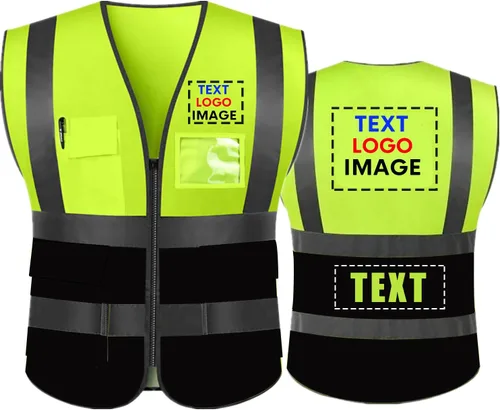 Chaleco reflectante de seguridad de alta visibilidad con bolsillos y cremallera, chaleco de trabajo de alta visibilidad (amarillo neón/negro, L)
