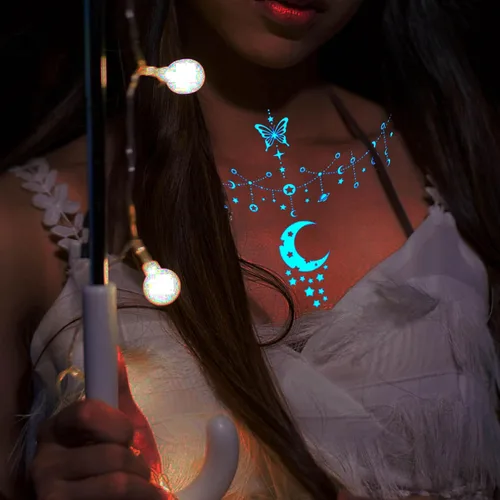 Miniatura 3 de Tatuajes Temporales de Estrella Luminosa Azul y Luna Creciente para Mujeres Clavícula Niñas Adultos Cuello, 4 Hojas Mariposa Planeta Encaje Sexy