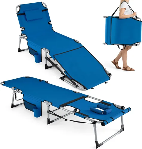 Miniatura 20 de Giantex Silla bronceadora, silla de playa de 330 libras con 5 posiciones ajustables, agujero para cara y brazo, correa para manos/hombros, almohada