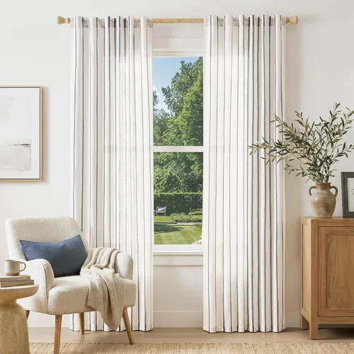 Miniatura 10 de Vangao Cortinas de lino a rayas para sala de estar, dormitorio, casa rural con estampado de rayas de tictac, cortinas impresas con ojales
