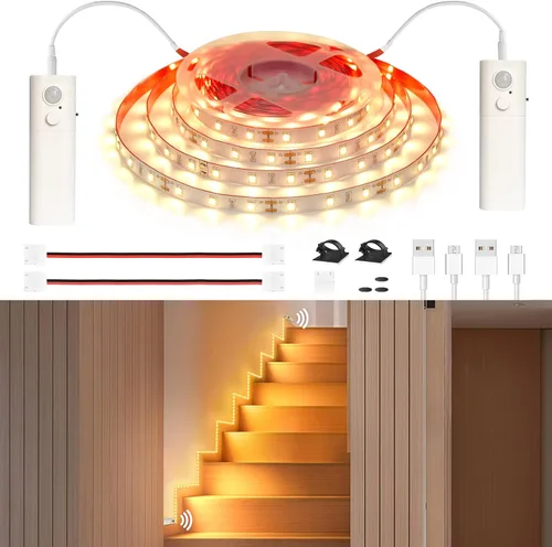 Miniatura 7 de WOBANE Luces de doble sensor de movimiento debajo de la cama, tira de luz LED recargable de 16.4 pies, luz de cinta alimentada por batería