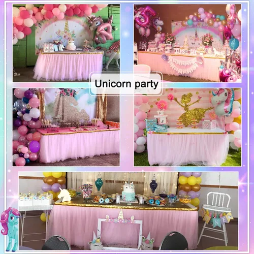 Miniatura 4 de Falda de tul con lentejuelas doradas para mesa de 6, 9 ó 14 pies, para fiestas de novia, bodas, fiestas de cumpleaños, etc., 6 ft, Rosado