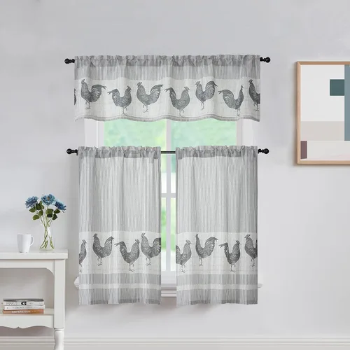 Miniatura 2 de SXZJTEX Cortinas de cocina con diseño de gallina para ventana pequeña, 2 paneles, 2 paneles, paneles con bolsillo para barra para granero, 27 Gris