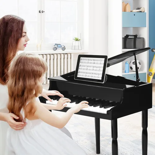 Miniatura 2 de Goplus 30 teclas piano clásico para niños, mini piano de madera estilo grand para aprender a tocar con banco, tapa para piano, estante para música