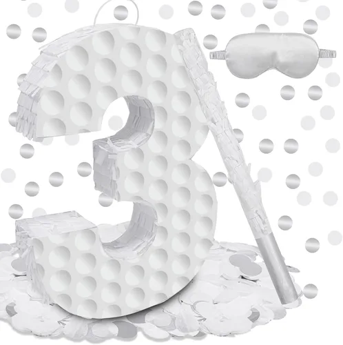 Miniatura 9 de Decoraciones de cumpleaños de golf, piñata número 3 con palo vendados y confeti, piñata temática deportiva, suministros para fiesta de tercer