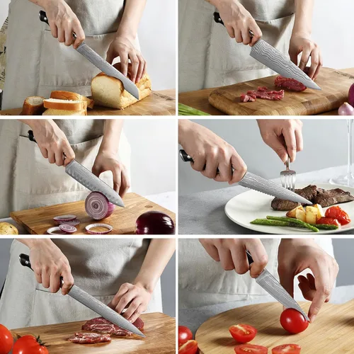 Miniatura 4 de NANFANG BROTHERS Juego de cuchillos de cocina de Damasco con bloque, 9 piezas, mango ergonómico ABS, afilador de cuchillos, tijeras de cocina Negro