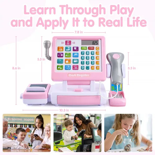 Miniatura 7 de PLAY Caja registradora de juguete para niños - Juguetes de simulación de calculadora con micrófono/transportadores/dinero de juguete/escaner/tarjeta