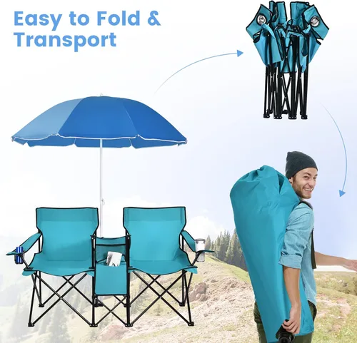 Miniatura 7 de Tangkula Sillas de campamento dobles con paraguas, silla de campamento plegable portátil de 2 asientos con bolsa enfriadora, soporte para bebidas