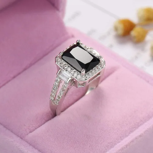 Anillo de compromiso de plata de ley 925 con corte cuadrado y ónix negro, anillo de compromiso, anillo de compromiso de boda con circonita cúbica