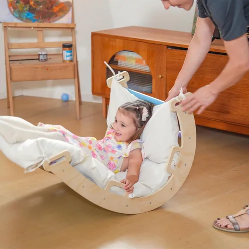 Miniatura 8 de Baby Pikler - Juego de triángulos con cojín, 9 en 1 plegable de madera para niños pequeños, juego de gimnasio Montessori Jungle para interiores