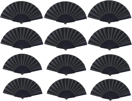 Yolyoo 12 abanicos de mano plegables negros, abanicos de tela, estilo chino, japonés, para verano, para fiestas, bodas, regalos, decoración de