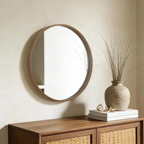 Miniatura 3 de WallBeyond Espejo redondo de madera con marco de madera, espejo de pared circular de 24 pulgadas para baño, espejo de pared redondo para decoración