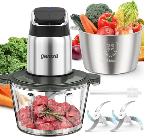 Ganiza Procesador de alimentos, picadora de alimentos y moledora de carne de 2 velocidades con tazones de 8 tazas de acero inoxidable y 8 tazas de
