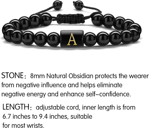 Miniatura 5 de STORUP Pulseras de cuentas con iniciales para hombre, piedra de lava de ojo de tigre de 0.315in, hechas a mano con letras de obsidiana, pulseras