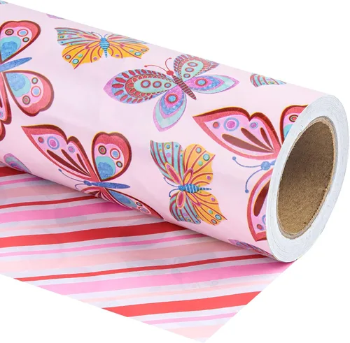 Miniatura 9 de WRAPAHOLIC Papel de regalo floral reversible, mini rollo, 17 pulgadas x 33 pies, diseño floral morado para bodas, cumpleaños, día de San Valentín