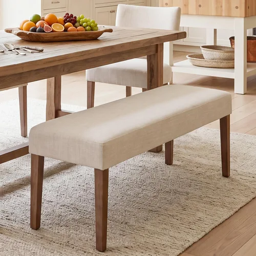 Miniatura 12 de HNY Asiento de banco de comedor tapizado de granja, banco de entrada de lino de 45 pulgadas con patas de madera negra, banco moderno de mediados